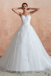 Princess Long Ball Gown A-line White Wedding Dress with Lace